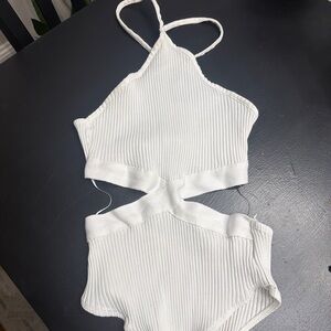 Zara White Ribbed Cutout Halter Bodysuit